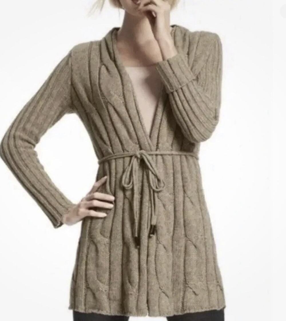 Cabi medium Acorn Chunky Cable Knit Cardigan Sweater Tie Waist Long cottagecore